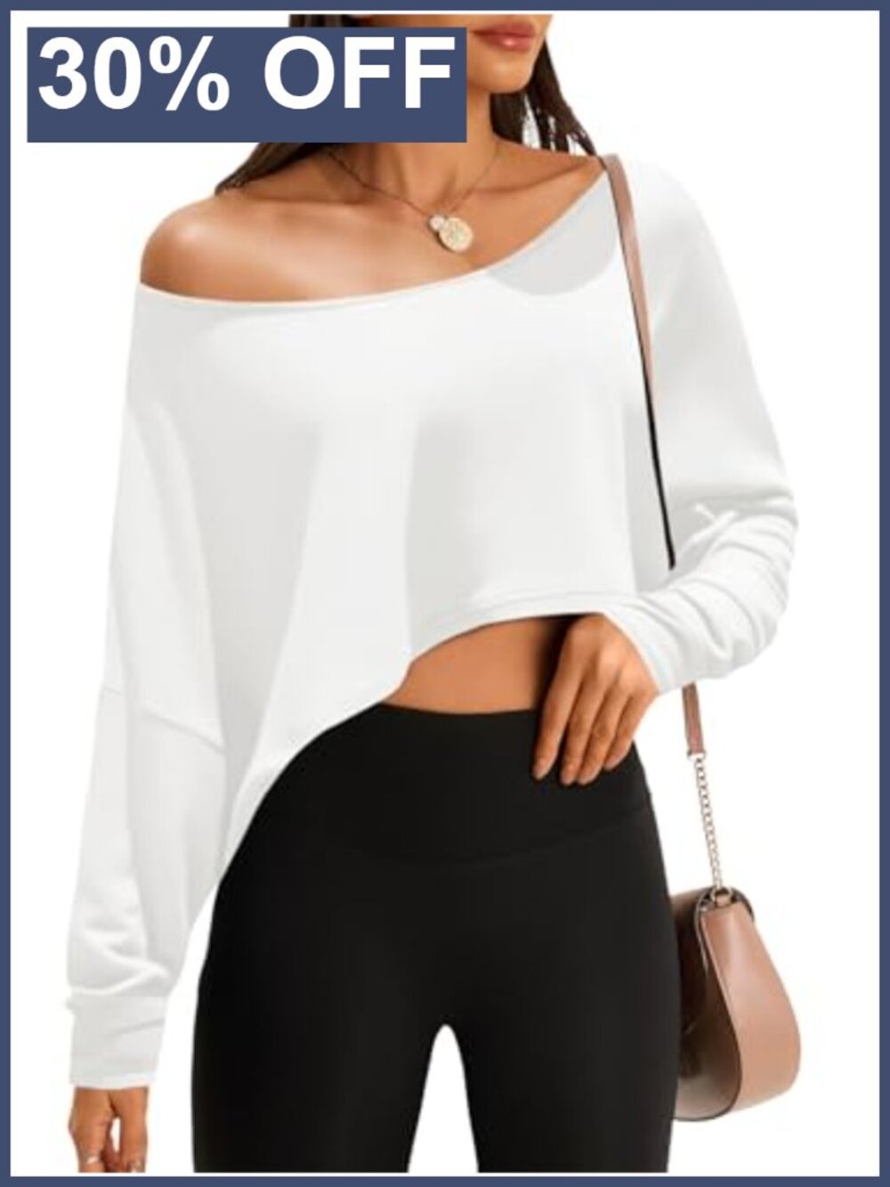 Off Shoulder Cropped Top Batwing Long Sleeve Loose Fit Boat Neck Workout Shirt